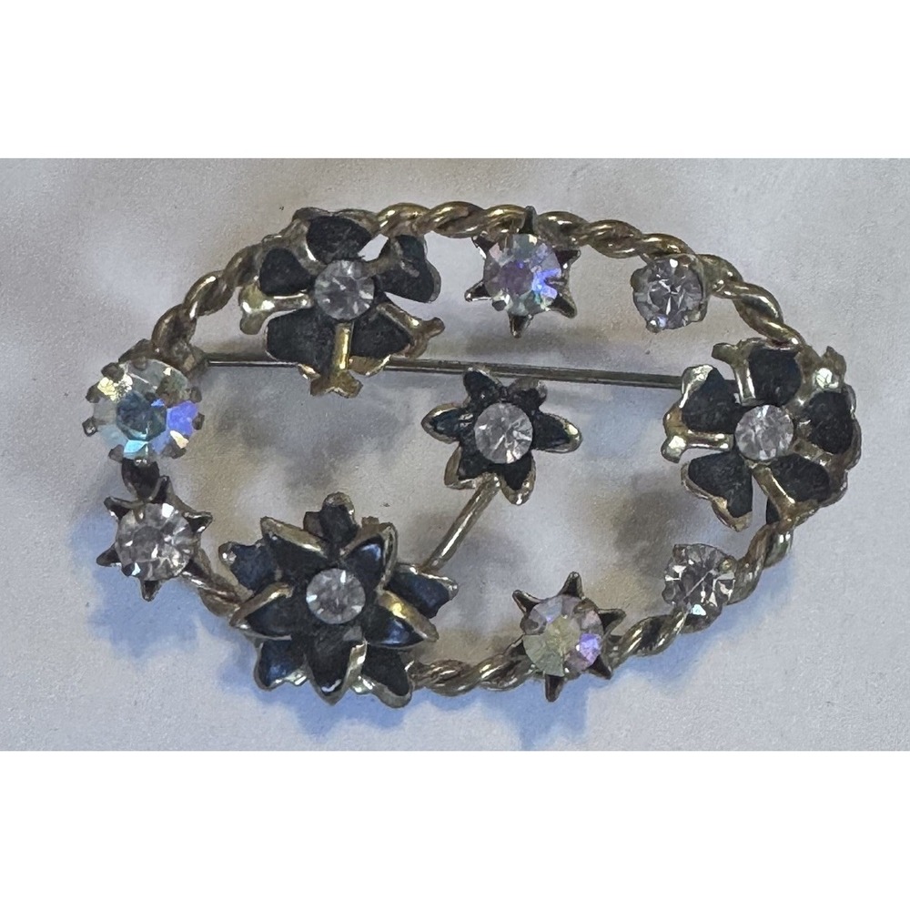 Vintage Made in Austria Black Enamel & AB Rhinestone Flower Brooch Pin Gold Tone